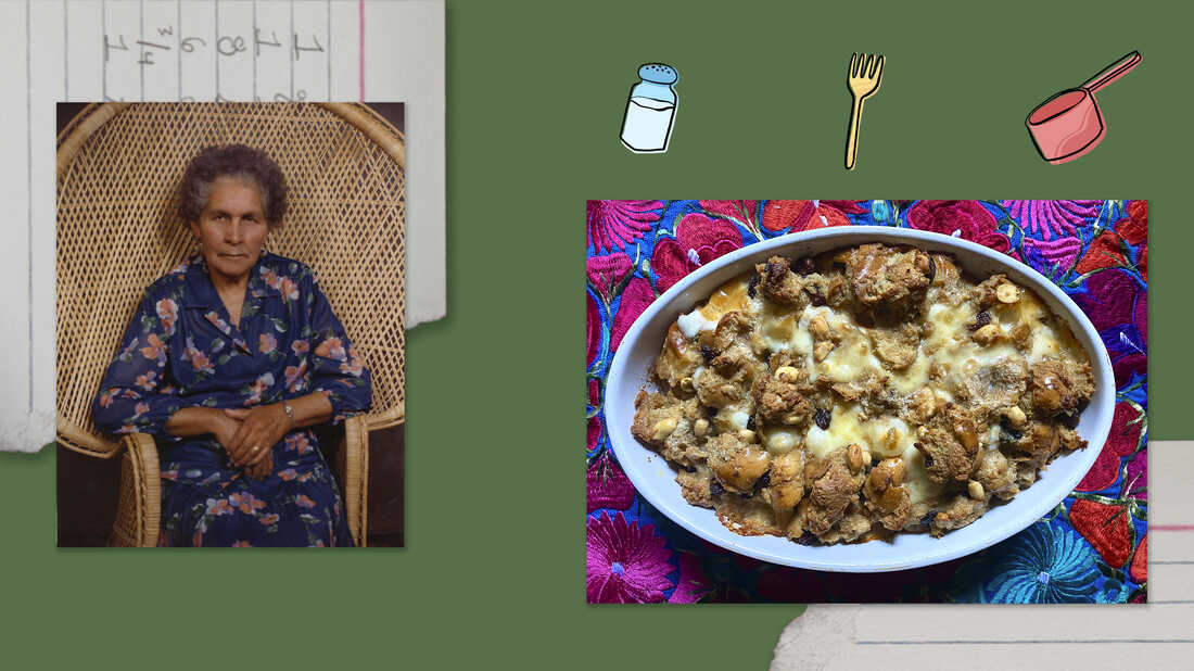 Left: A photo of Juanita MORE!'s grandmother. Right: A dish of capirotada sits on a colorful tablecloth.