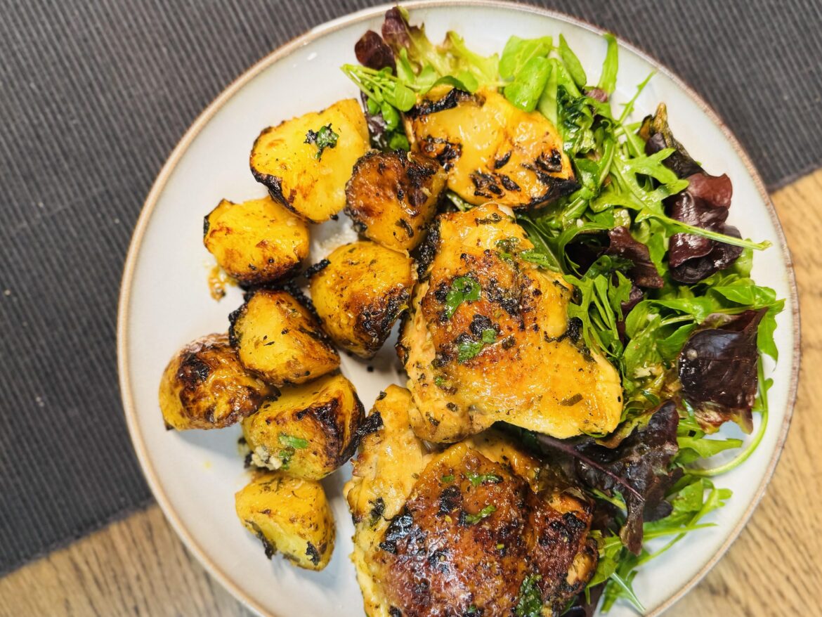 [oc] garlicky-lemon roasted chicken and potatoes