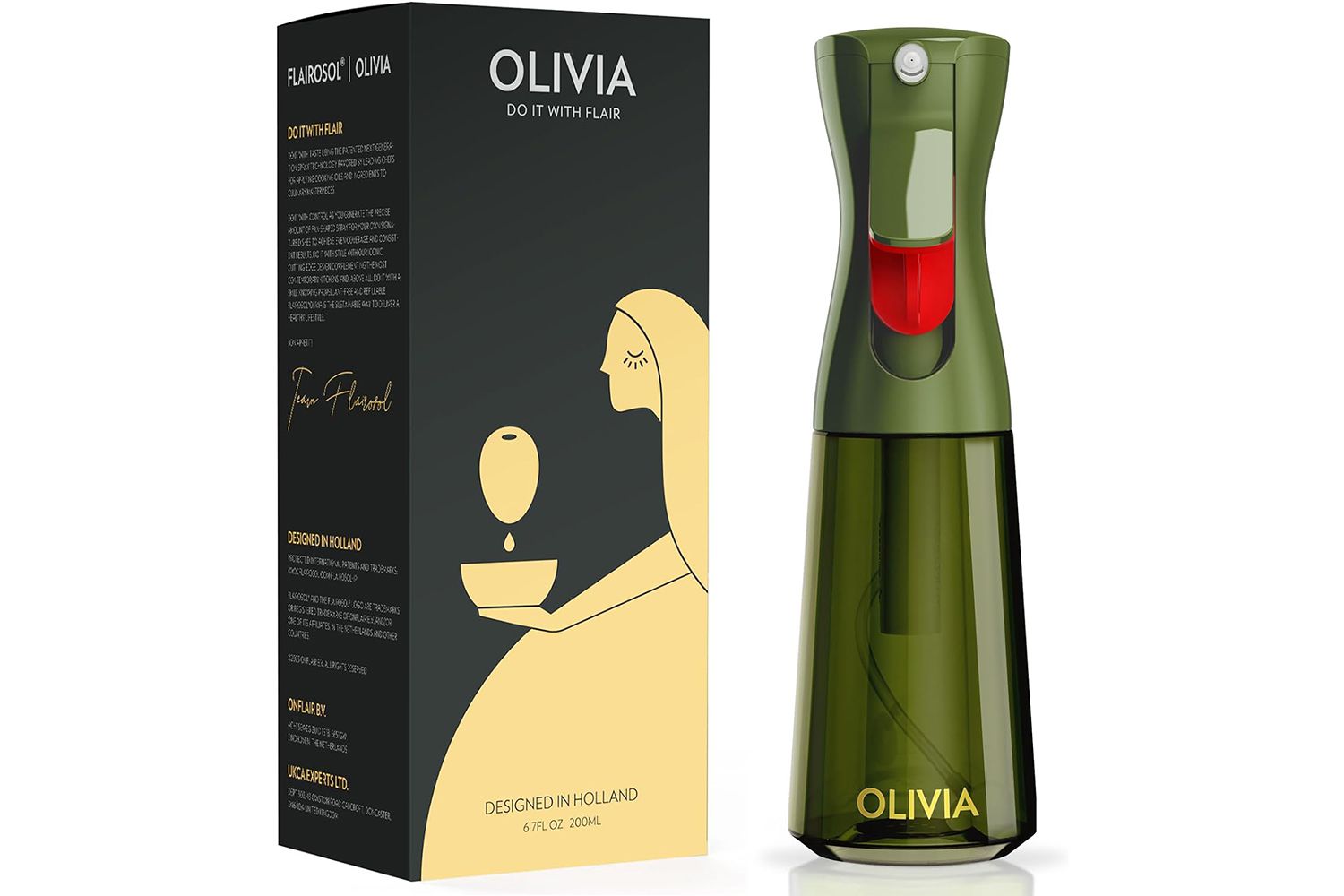 olive green olive oil spray bottle with packaging box