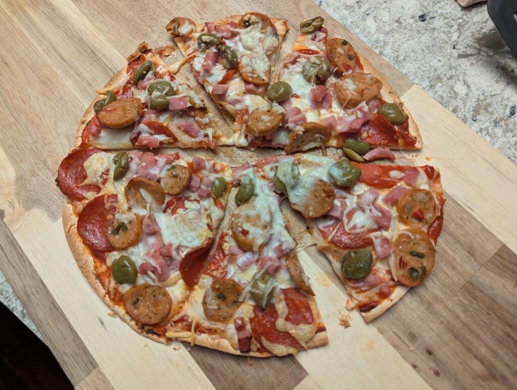 Tortilla pizza round 2: "I'm starving" meat lovers edition - 619 calories, 75g protein, 32g fiber