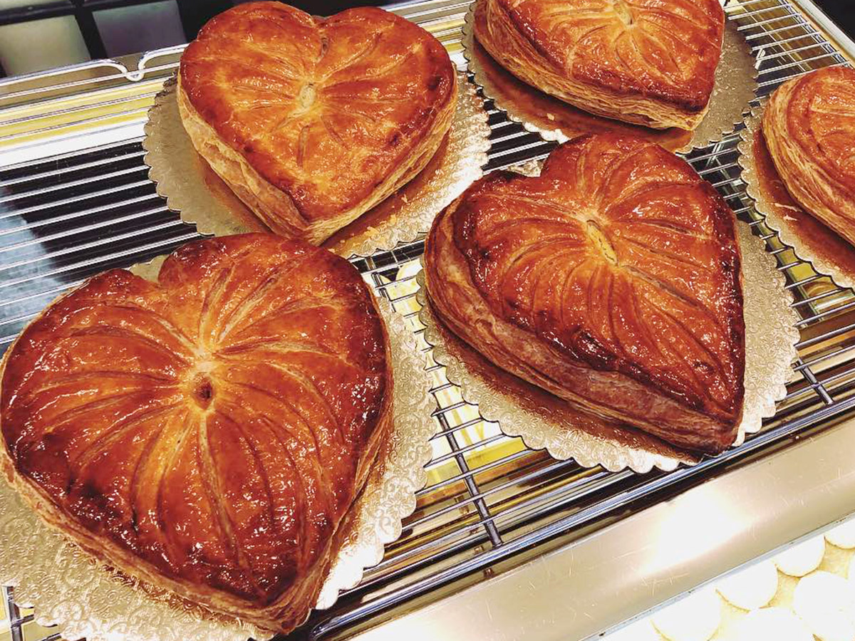 Heart-shaped galette des rois, or French-style king cakes, at French Gourmet Bakery in Houston