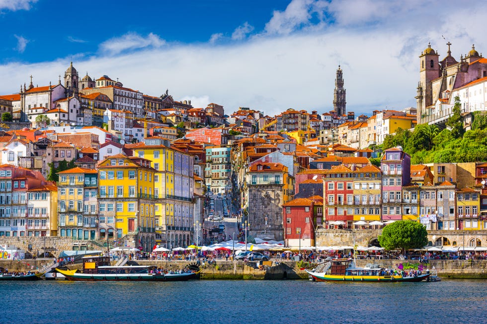 porto, portugal old town skyline from across the douro river