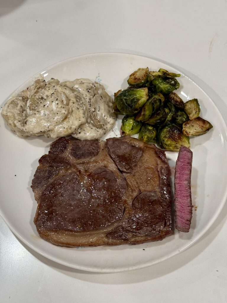 Ribeye 3 hours @ 130 and a side of potatoes au gratin