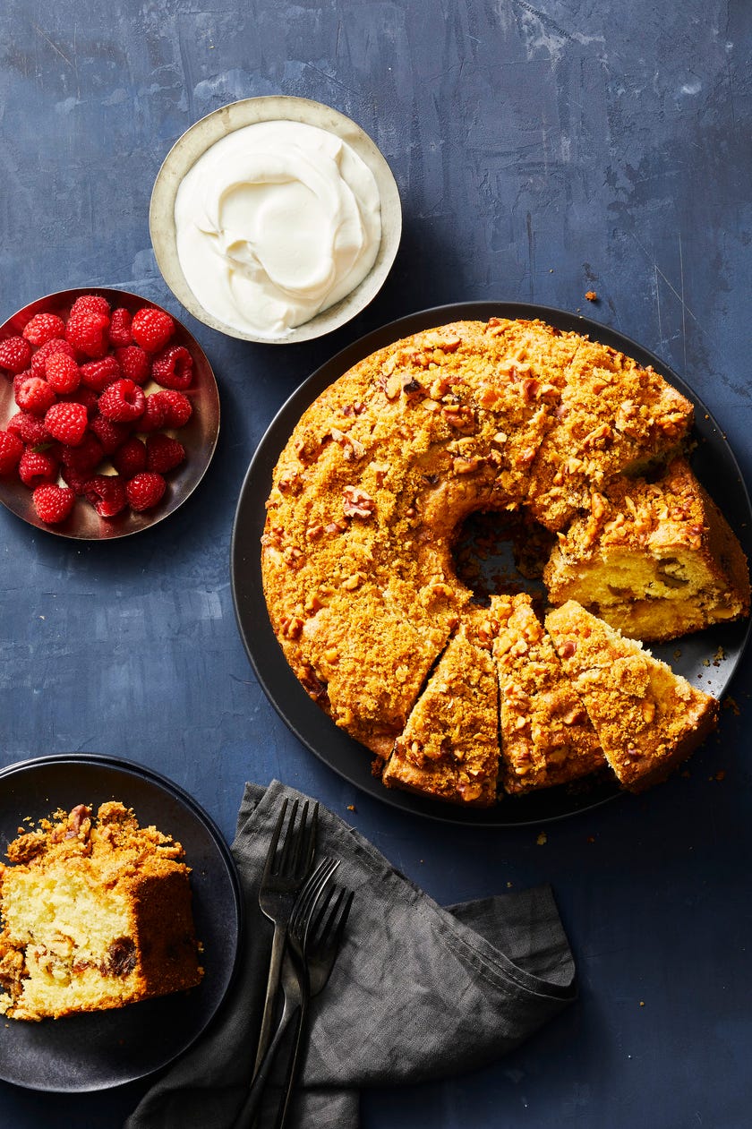 a round raisin walnut coffee cake