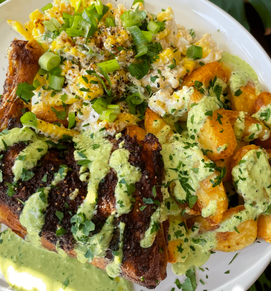 Peruvian chicken w/ aji verde, esquites, and roast potatoes... aka my favorite SE recipes