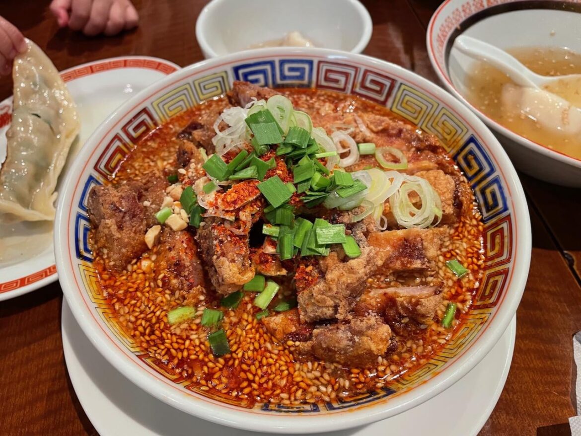 Spicy Red Hot Mala TanTan Ramen topped with Karaage from Tiger Gyoza in Asakusa, Tokyo