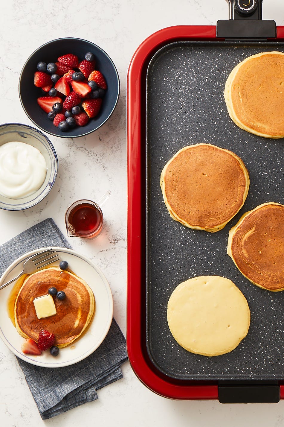 greek yogurt pancakes on a skillet for christmas breakfast