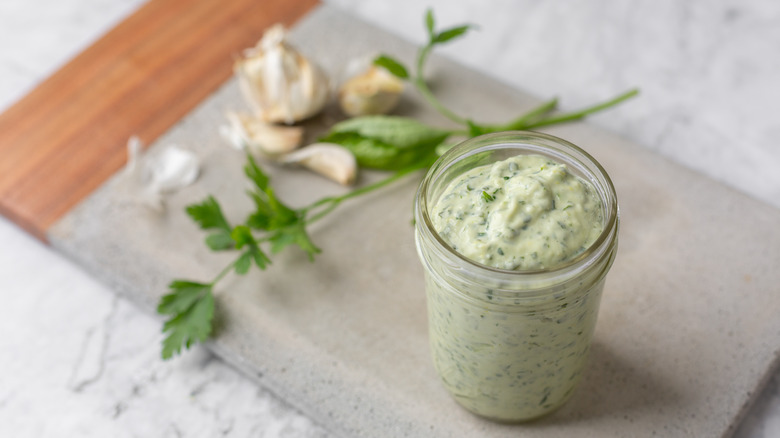 green goddess salad dressing in jar