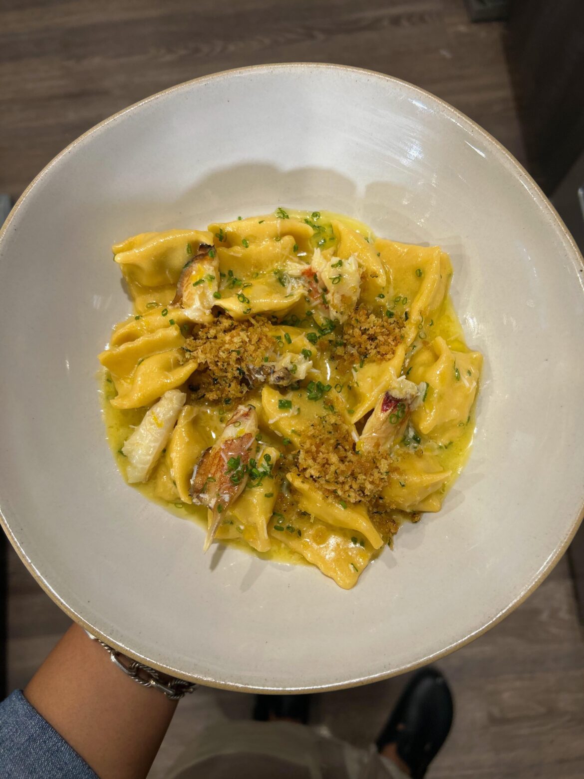 Dungeness Crab Agnolotti in a Meyer Lemon Chive Butter, Herby Breadcrumbs