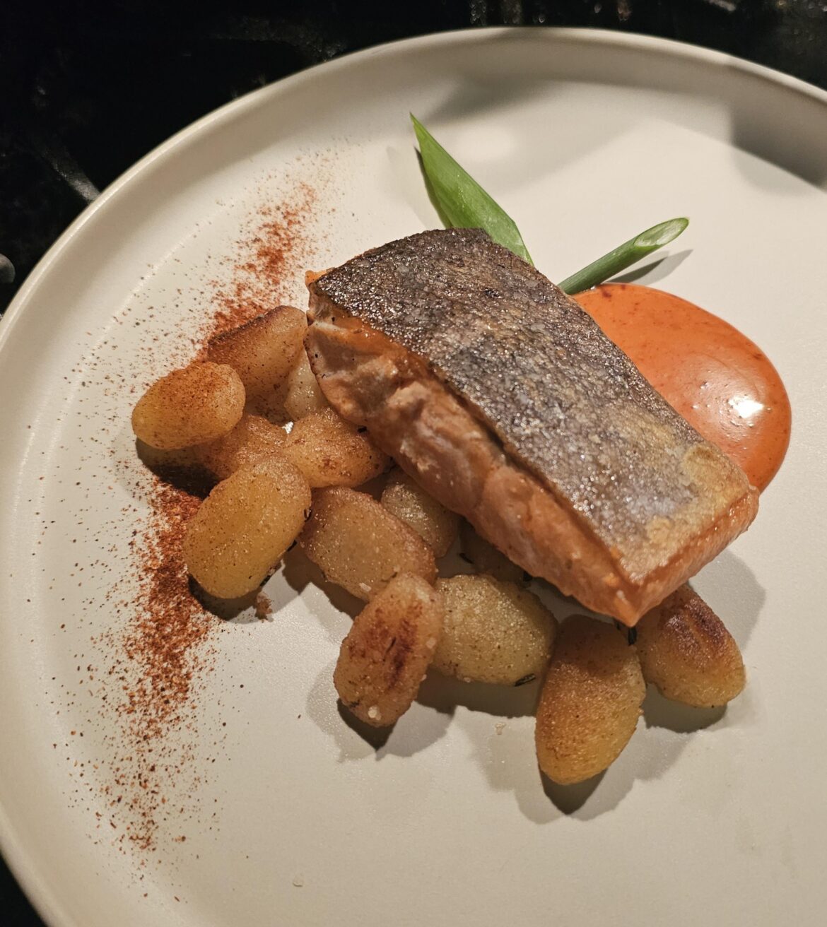 Crispy skin salmon, gochujang aioli, seared gnocchi, toasted togarashi