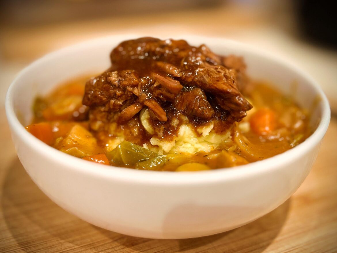 Brisket, mash, and veg.