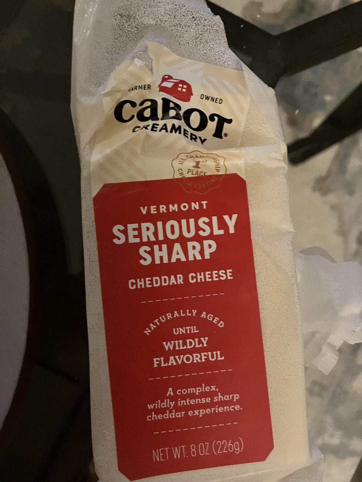 It’s a good medium cheddar to eat with crackers but it’s definitely not sharp one bit