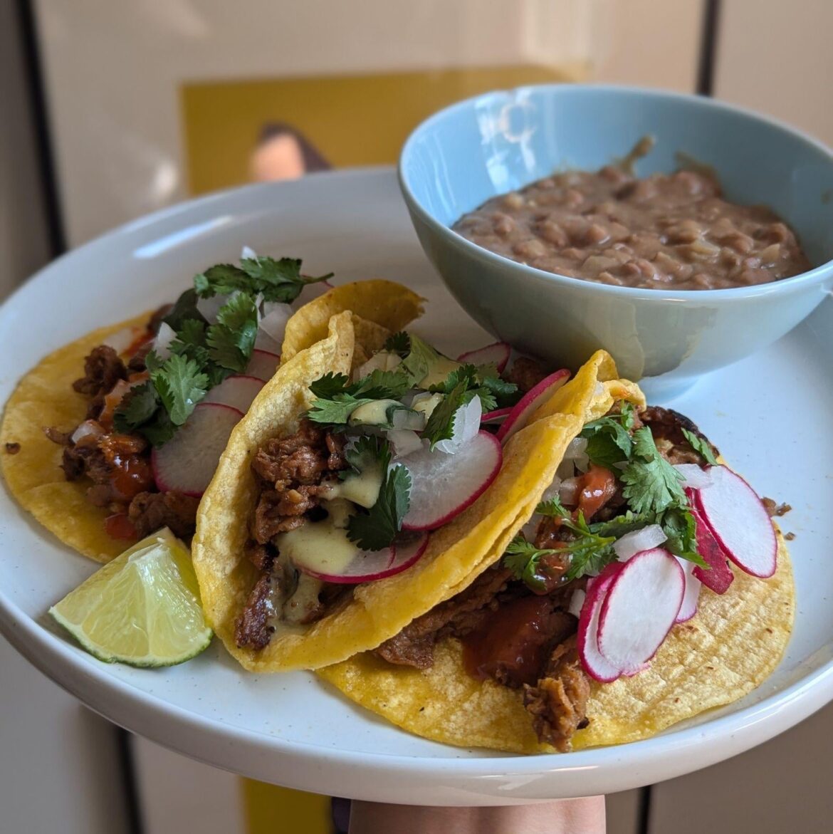 carne asada street tacos + refried beans.