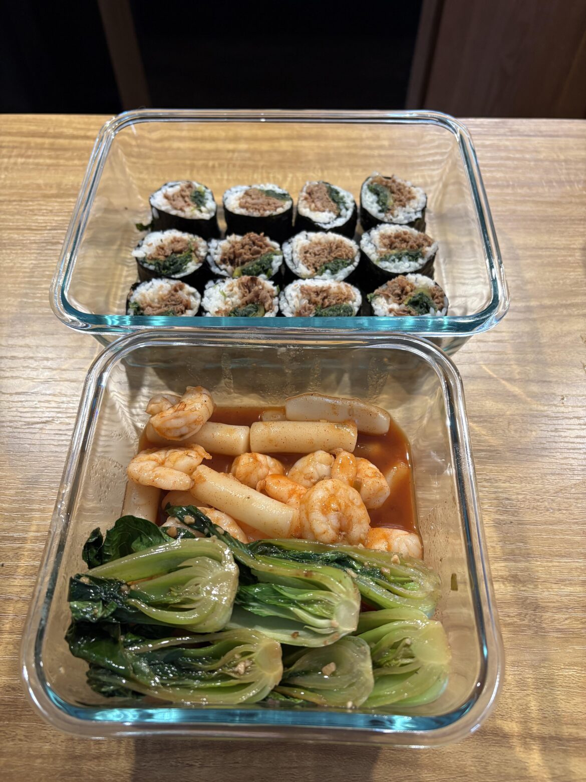 My lunch for today: gimbap, tteokbokki with shrimp and bok choi.