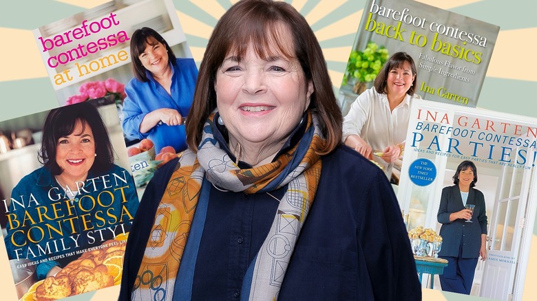 Ina Garten smiling with covers of her cookbooks in the background