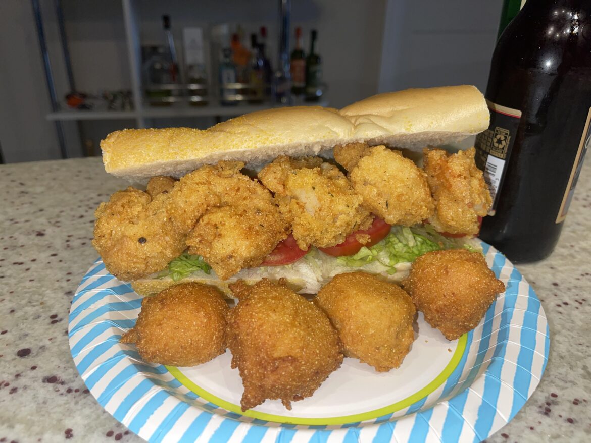 Shrimp po boy and poorly formed hushpuppies