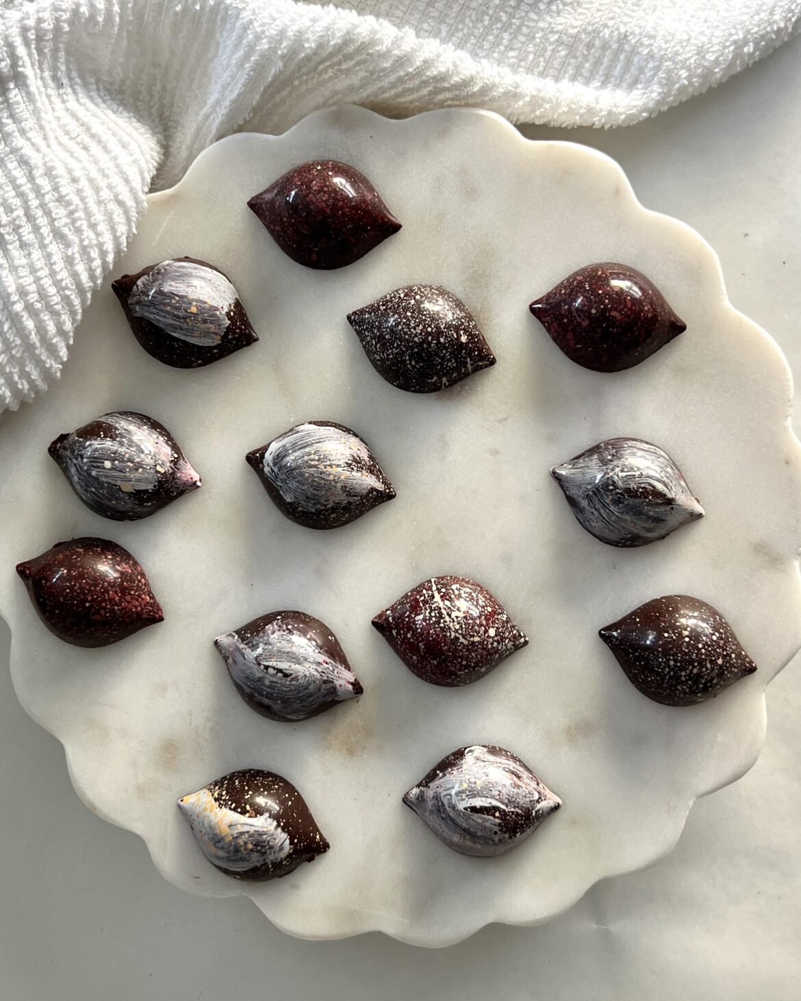 Made Dark Chocolate Bon Bons with Raspberry White Chocolate Ganache
