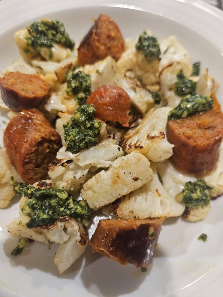 Oops, I already ate half! Sausage, cauliflower, pesto under 400 cals Oops, I already ate half! Sausage, cauliflower, pesto under 400 cals