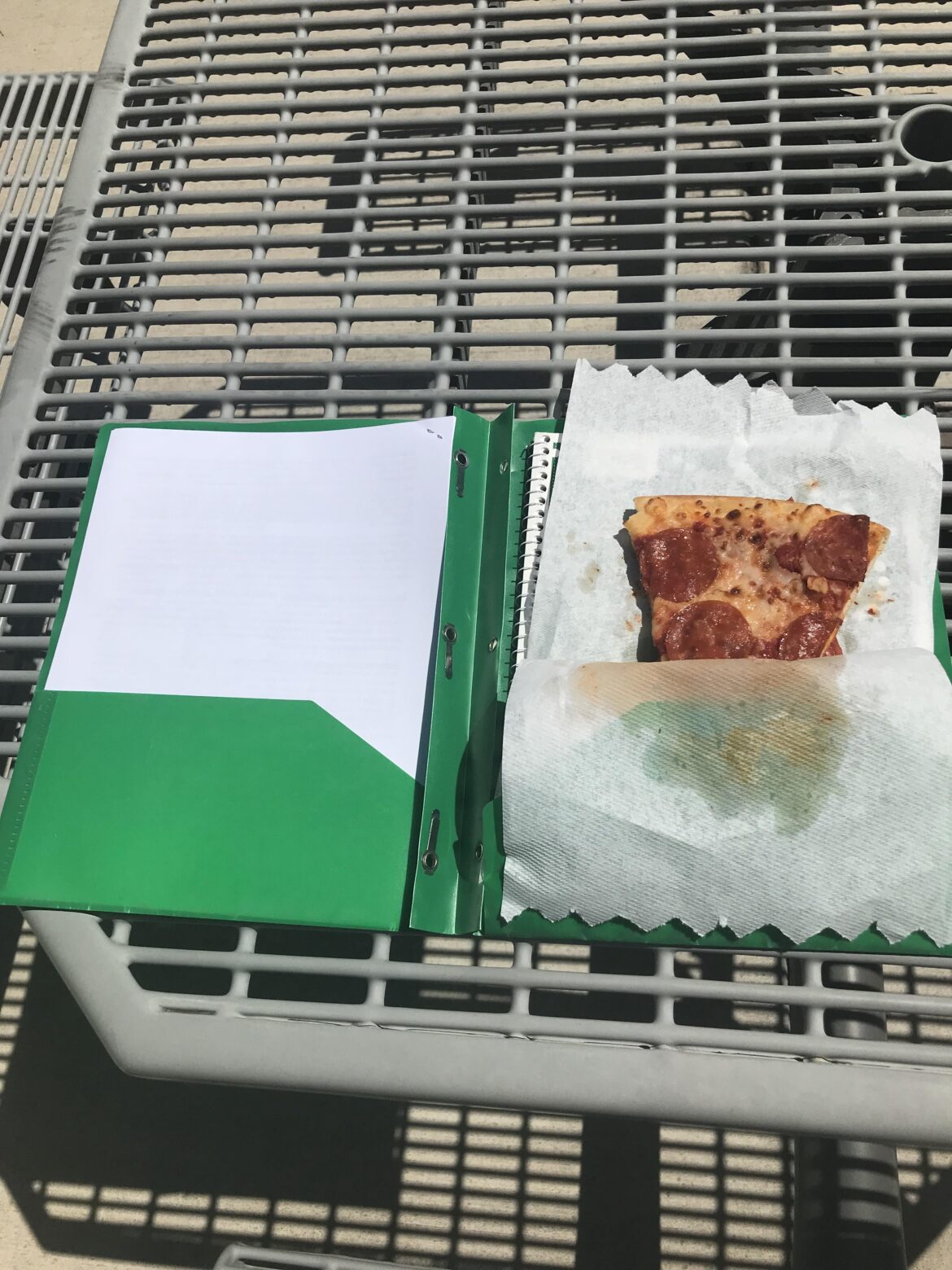 My hands were full and I only had my backpack on me, so I put the pizza in my school folder. My apologies in advance
