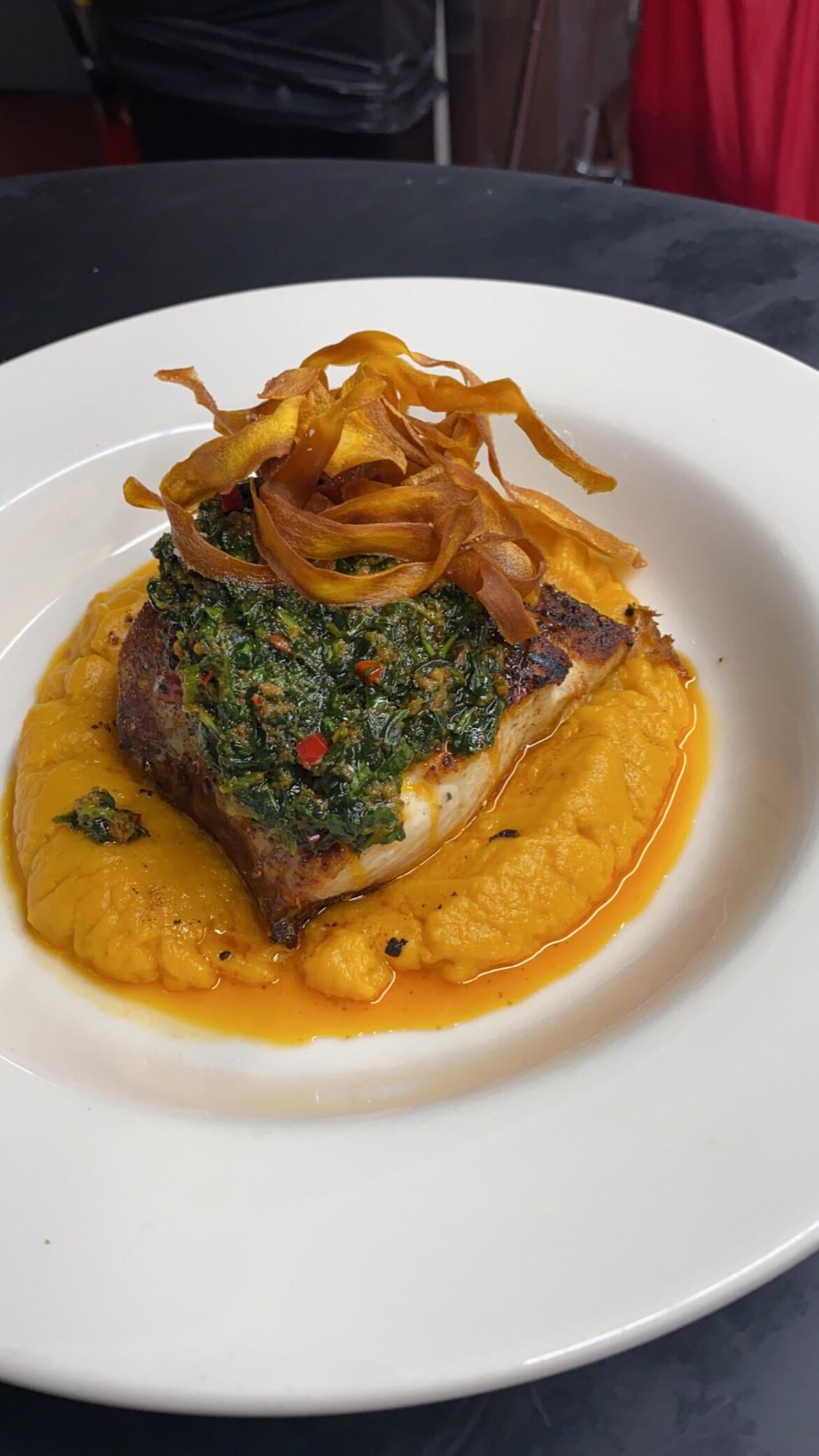 Mahi mahi, chimichurri, sweet potato purée, crispy sweet potato strips