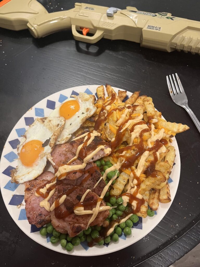 Gammon, egg, peas and cheesy chips