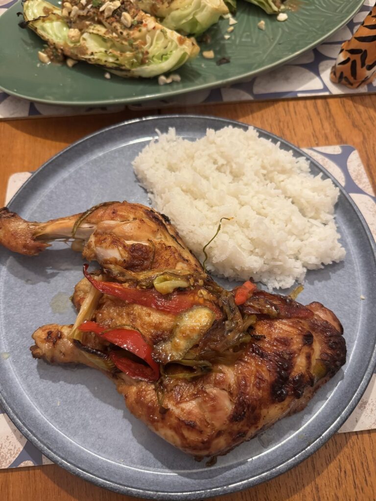 Miso, ginger, & lime chicken with grilled cabbage, “nam prik”