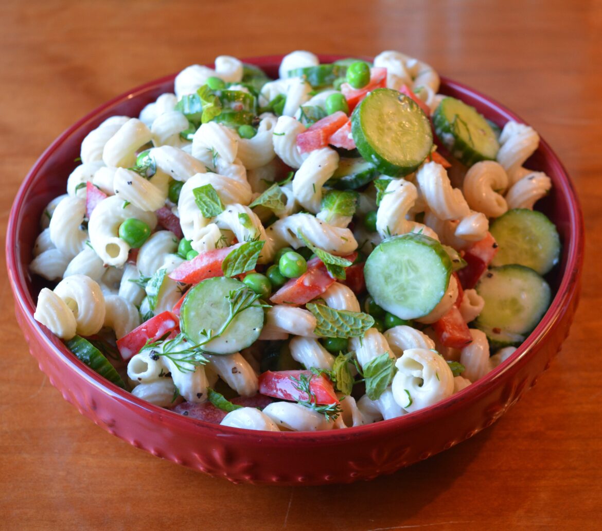 (356 cal, 22 P) cold cavatappi pasta salad with creamy tahini lemon yogurt dressing