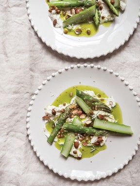 Green Asparagus and Lentils with Labneh, Almonds and Green Herb Oil