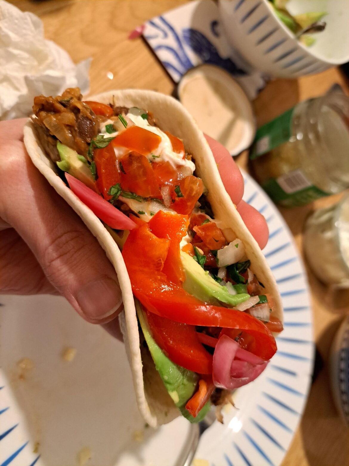 Made Carnitas for the first time. Home made pickles, Pico de Gallo, some spiced black beans and the Carnitas itself. Served with salsas, sour cream, cheese and salad bits.