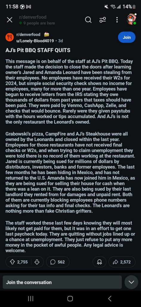 Damn. AJ's BBQ in Denver is done.