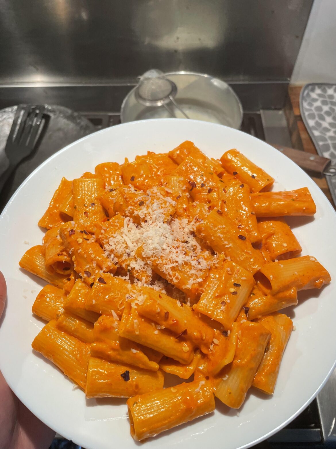 Rigatoni w my own creamy tomato sauce, parmigiano, chilli flakes