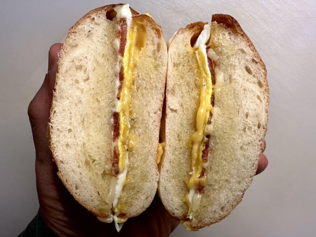 Bacon, egg, and cheese on a homemade roll