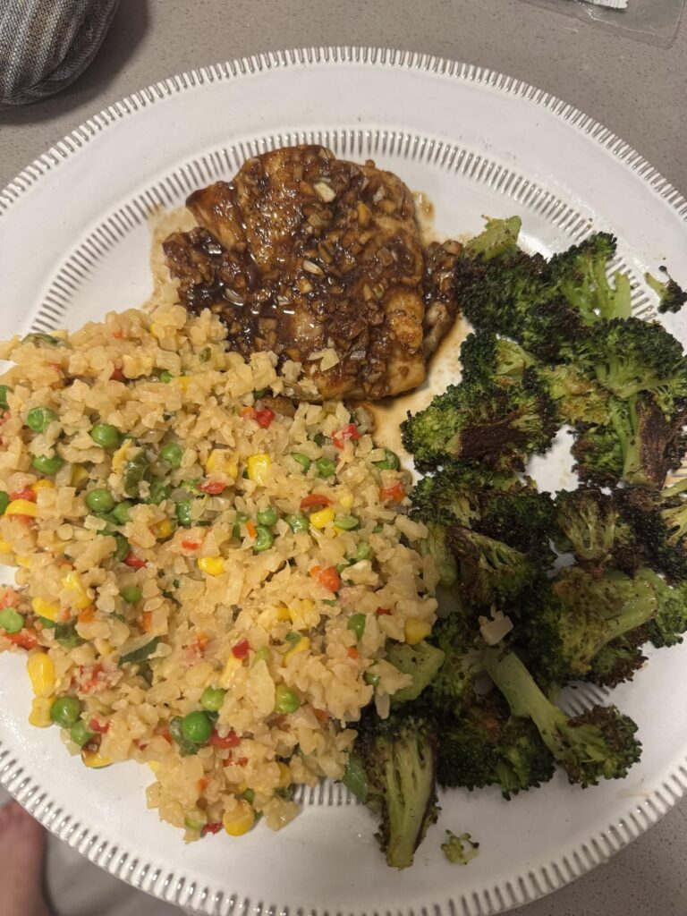 Ginger soy glazed cod with TJ’s cauliflower rice and roasted broccoli