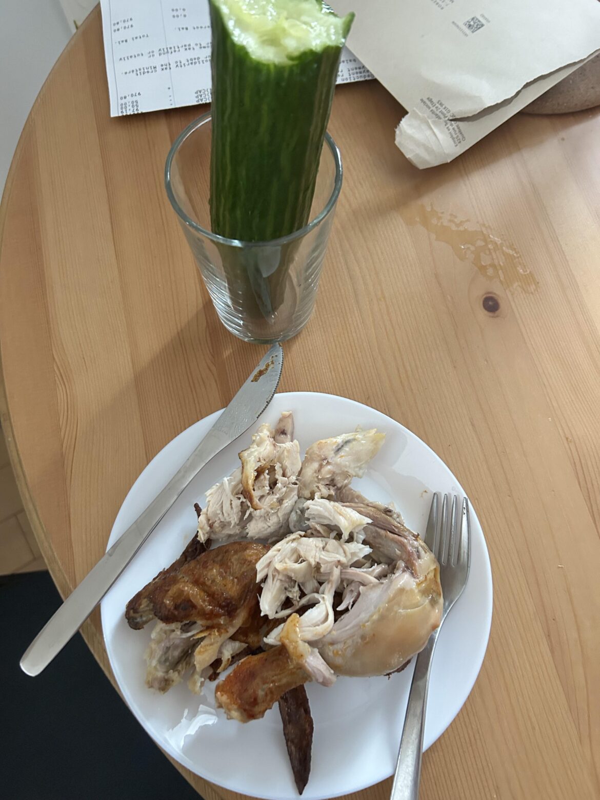 my breakfast (cucumber and rotisserie chicken)