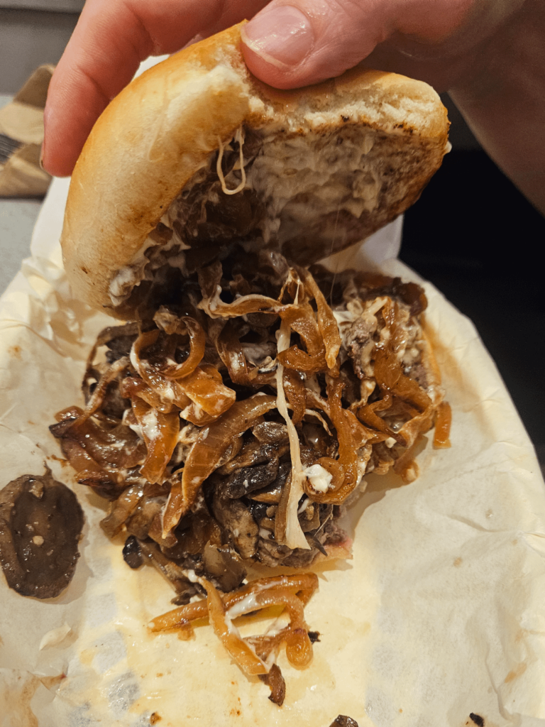 Wife's Mushroom Swiss Burger with Caramalized Onions