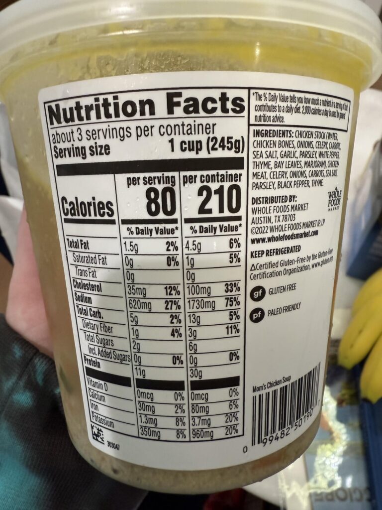 Whole Foods Mom’s Chicken soup has 210 calories and 30g of protein