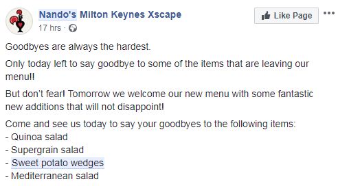 The menu changes have been confirmed by Nando's