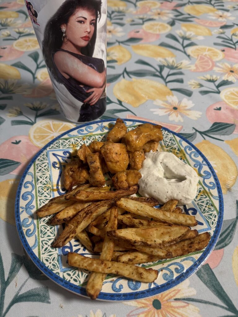 Mango Habanero bites & fries. Roughly 462 calories and 51 grams of protein.
