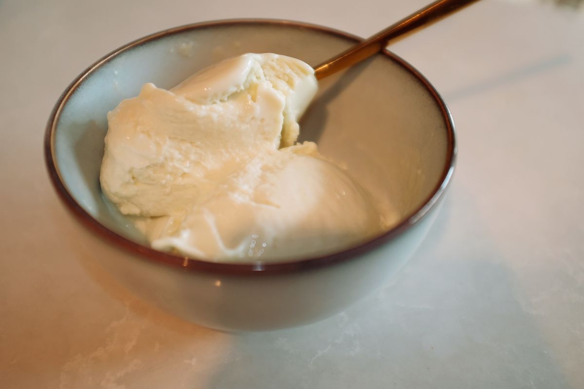 Cake batter protein ice cream made in the Ninja Swirl by Creami