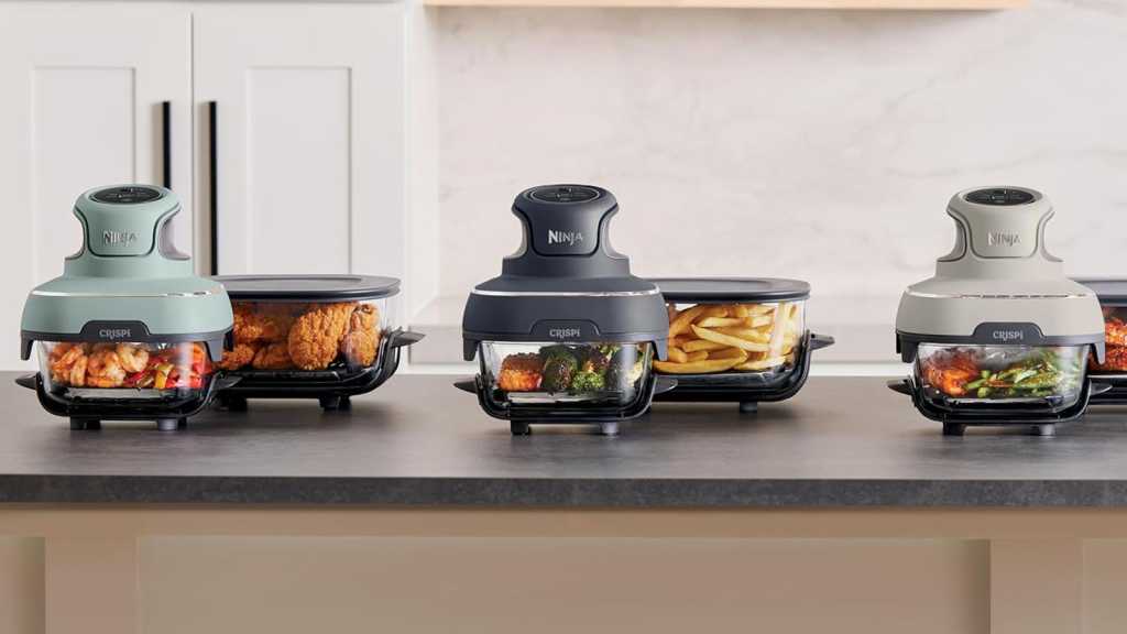 Ninja Crispi Can do 5 Things No Other Air Fryer Can The portable air fryer in three different colours on a counter