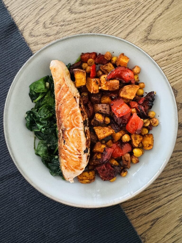 salmon, sweet potato and veggie bowl