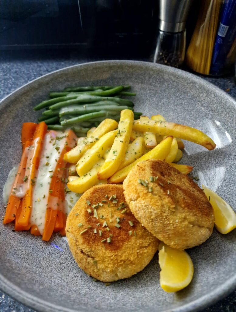 Tinned Salmon and Tiny Prawn Fishcakes...(and chips because I'm greedy).