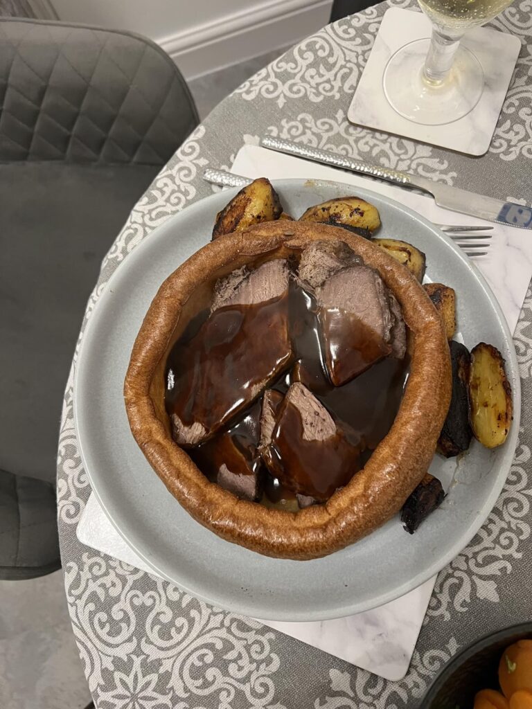 todays meal roast beef and yorkshire pudding wrap with a side of roasted spuds made in yorkshire 👍