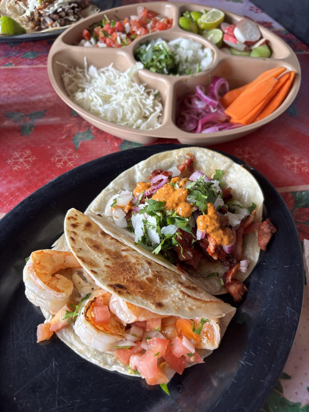 Al pastor and shrimp tacos in Cabo San Lucas, Mexico