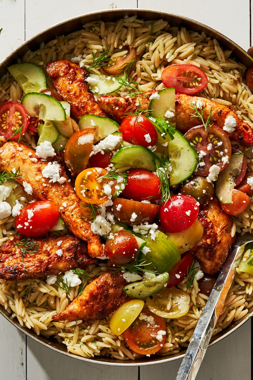 one pot shawarma chicken orzo skillet