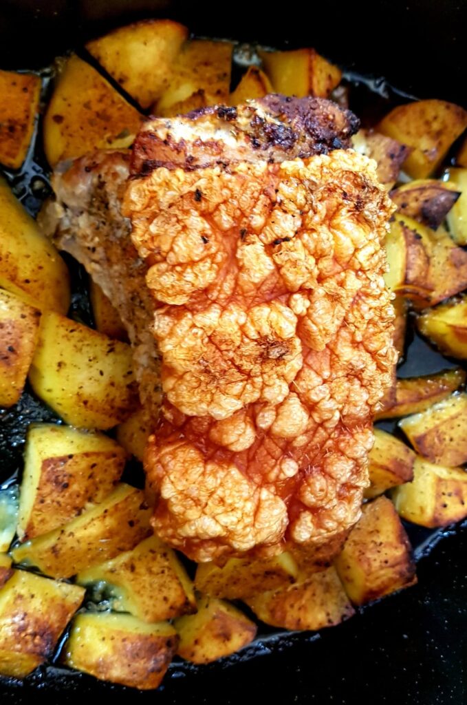 Pork chops with crispy skin.