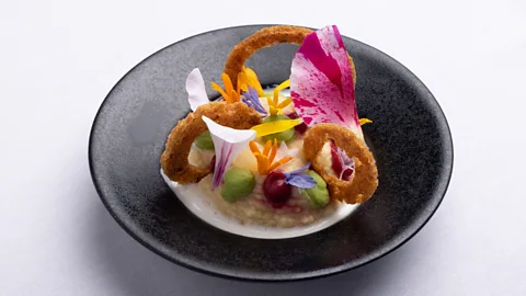 Sodexo Live! Mazzia's signature dish sees chickpeas whipped into a pomade with verbena served with beets, peas and a seafood broth (Credit: Sodexo Live!)