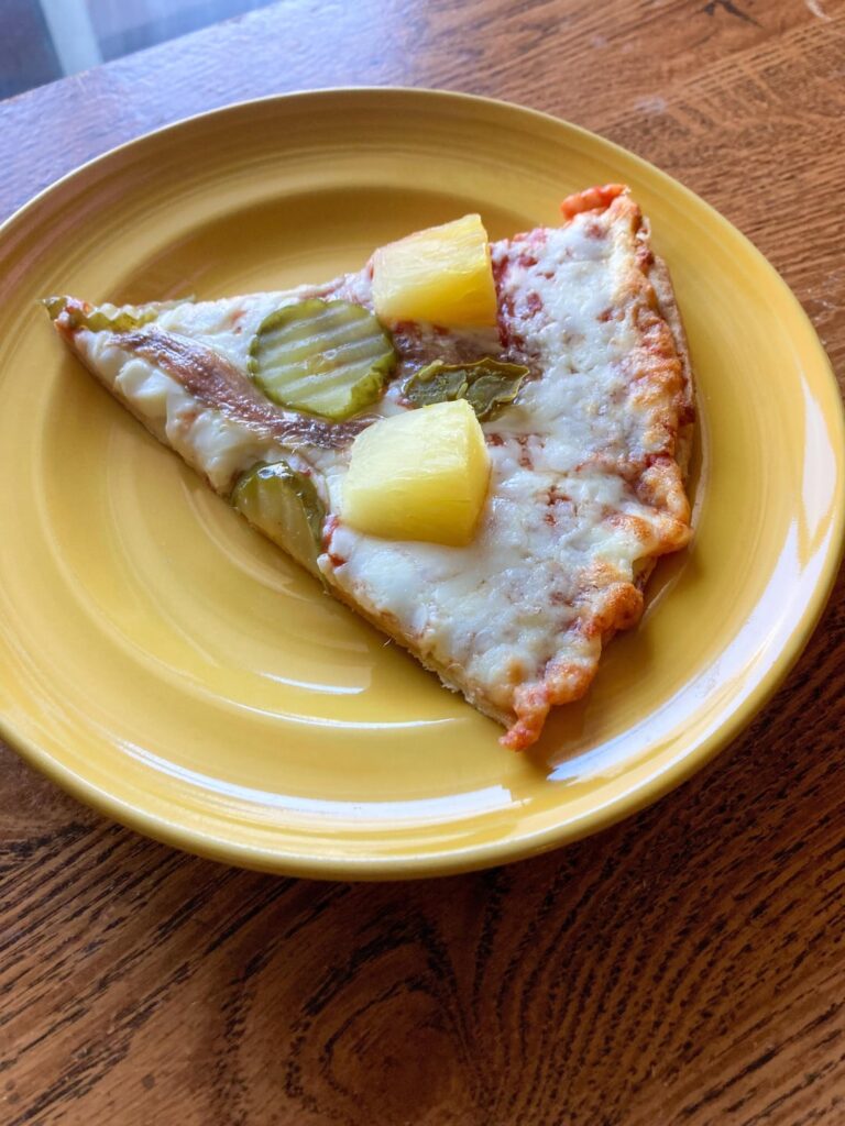 Anchovy, pineapple and dill pickle pizza