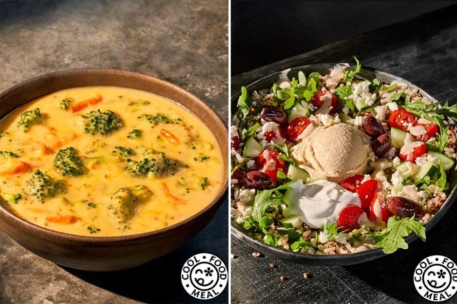 Broccoli Cheddar soup and Mediterranean Bowl at Panera Bread.