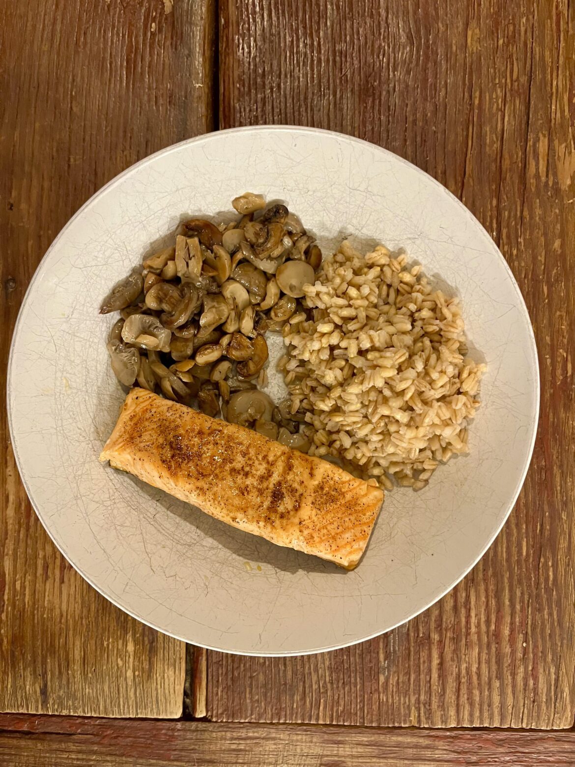 Salmon portion, mushrooms and pearled barley ~400cal